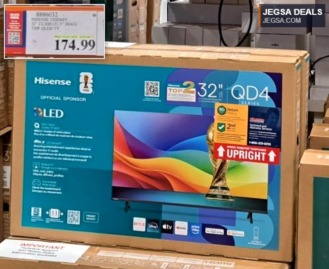 Hisense 32-inch QD4 Series QLED Smart TV from Costco for $174.99, offering vivid picture quality for entertainment.