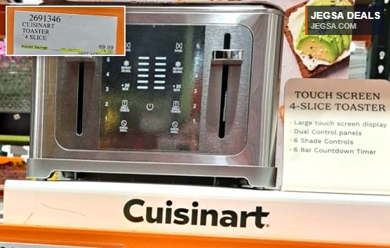 Silver Cuisinart touch screen 4-slice toaster from Costco, $54.99, featuring advanced controls.