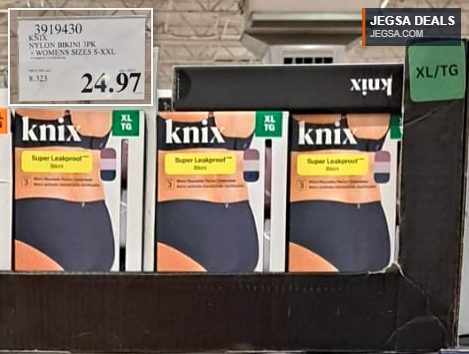 Knix Super Leakproof Nylon Bikini underwear 3-pack in black, women's sizes S-XXL, from Costco for $24.97.