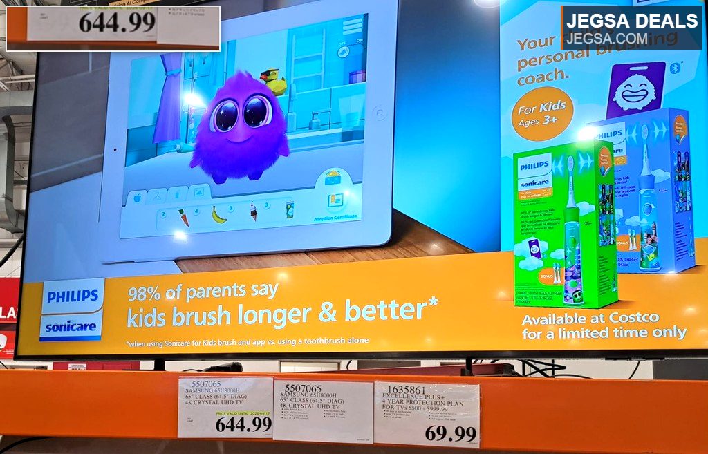 Samsung 65-inch 4K Crystal UHD Smart TV for sale at Costco, offering vivid picture quality.