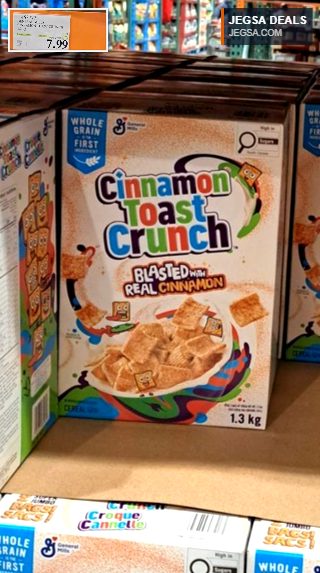 Large 1.3 kg box of General Mills Cinnamon Toast Crunch cereal from Costco, priced at $7.99 after instant savings.