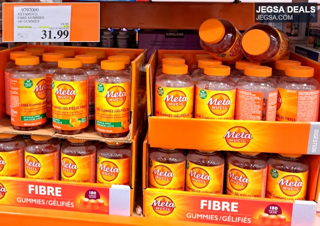 Metamucil Fibre Gummies, 180 count, for digestive health, sold at Costco for $31.99.