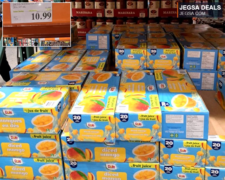 Dole Diced Mango in Juice, 20x107ml cups, on sale at Costco for $10.99, a tropical fruit snack.
