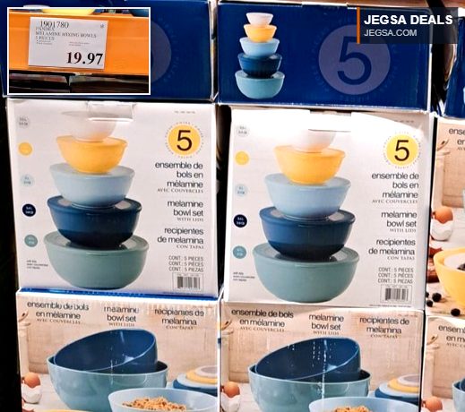 PANDIS 5-piece set of colorful melamine mixing bowls, perfect for kitchen prep, available at Costco for $19.97.