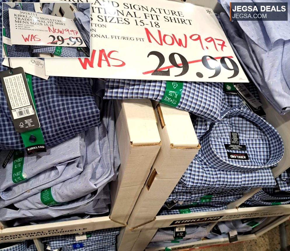 Kirkland Signature men's blue plaid traditional fit dress shirt, 100% cotton, non-iron, from Costco for $9.97.