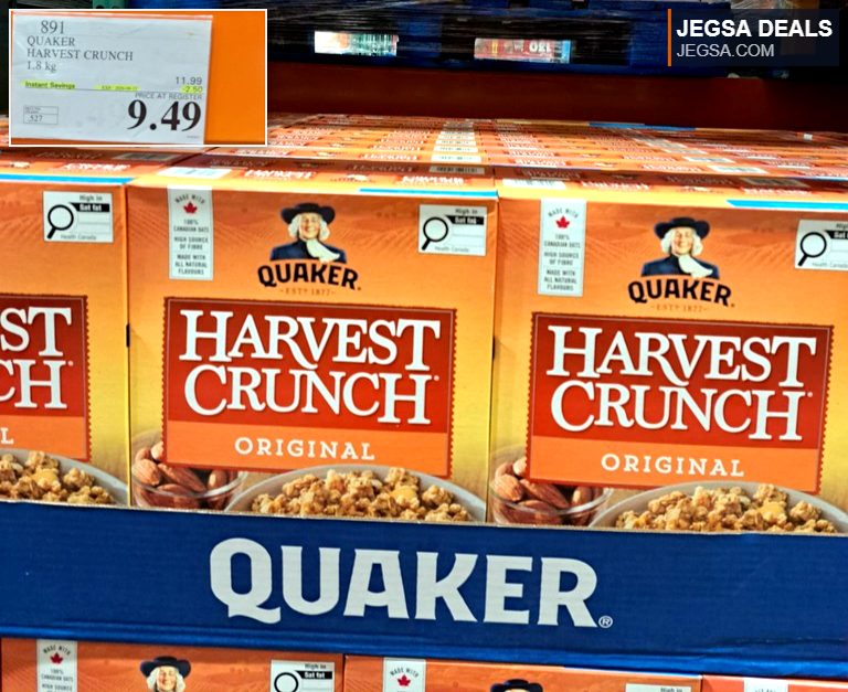 Quaker Harvest Crunch Original cereal, 1.8 kg box, available at Costco for $9.49 with instant savings.
