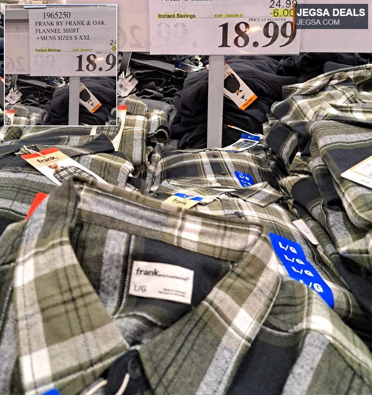 Men's Frank by Frank & Oak green and grey plaid flannel shirt from Costco, on sale for $18.99.