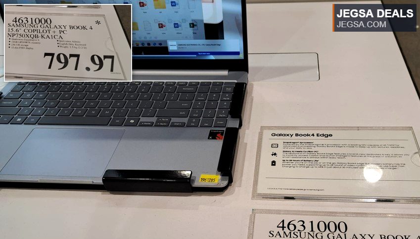Silver Samsung Galaxy Book 4 15.6-inch Copilot+ PC with Snapdragon X processor and FHD display, available at Costco.