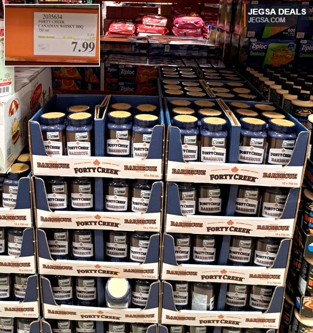 Forty Creek Canadian Whisky BBQ Sauce, 750ml bottles, on display at Costco for $7.99.