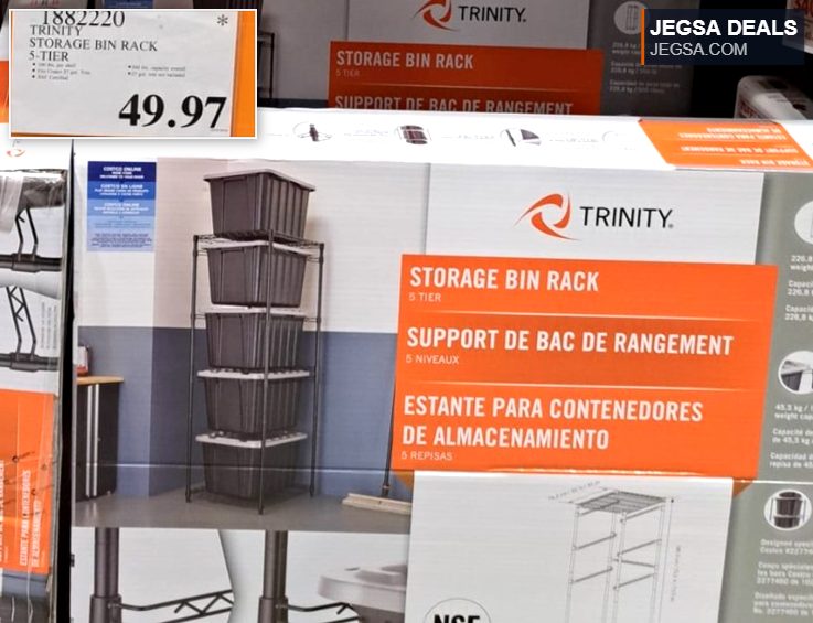 Trinity 5-tier metal storage bin rack with dark bins from Costco, $49.97, ideal for garage or home organization.