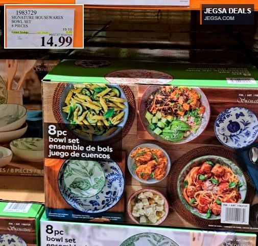 8-piece Signature Housewares bowl set with various patterns, ideal for kitchen and dining, from Costco for $14.99.