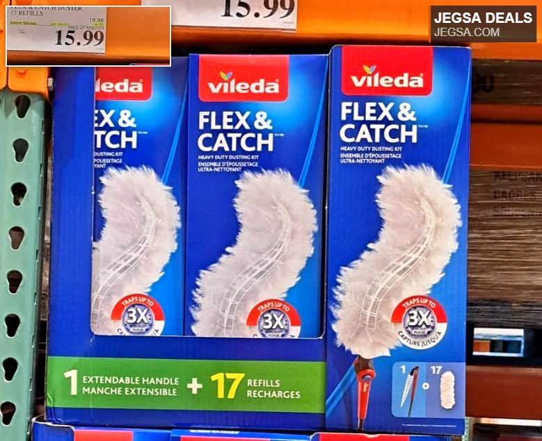 Vileda Flex & Catch Duster kit with extendable handle and 17 white refills, perfect for heavy-duty cleaning from Costco.
