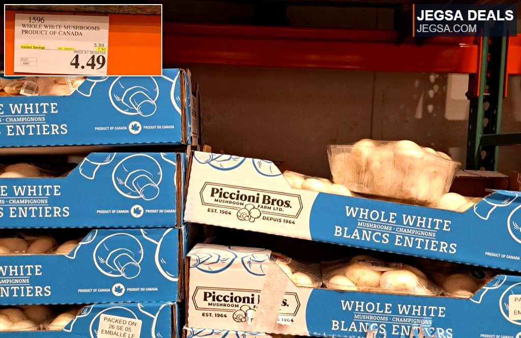 Piccioni Bros. whole white mushrooms in blue and white packaging at Costco for $4.49.