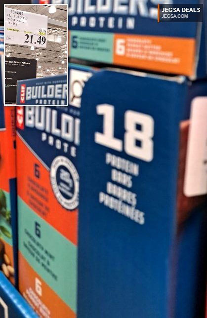 18-pack Clif Builder's Protein Bars (68g each) in a blue box from Costco, $21.49, for energy and muscle support.