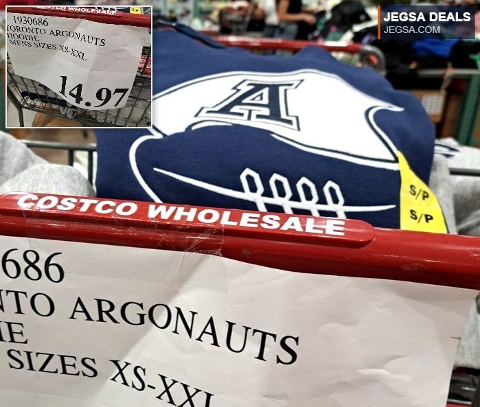 Navy blue Toronto Argonauts men's hoodie with a white football logo, available in sizes XS-XXL at Costco for $14.97.