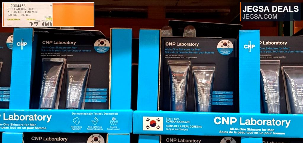 CNP Laboratory All-In-One Skincare for Men set with 120ml and 100ml products from Costco, priced at $27.99.