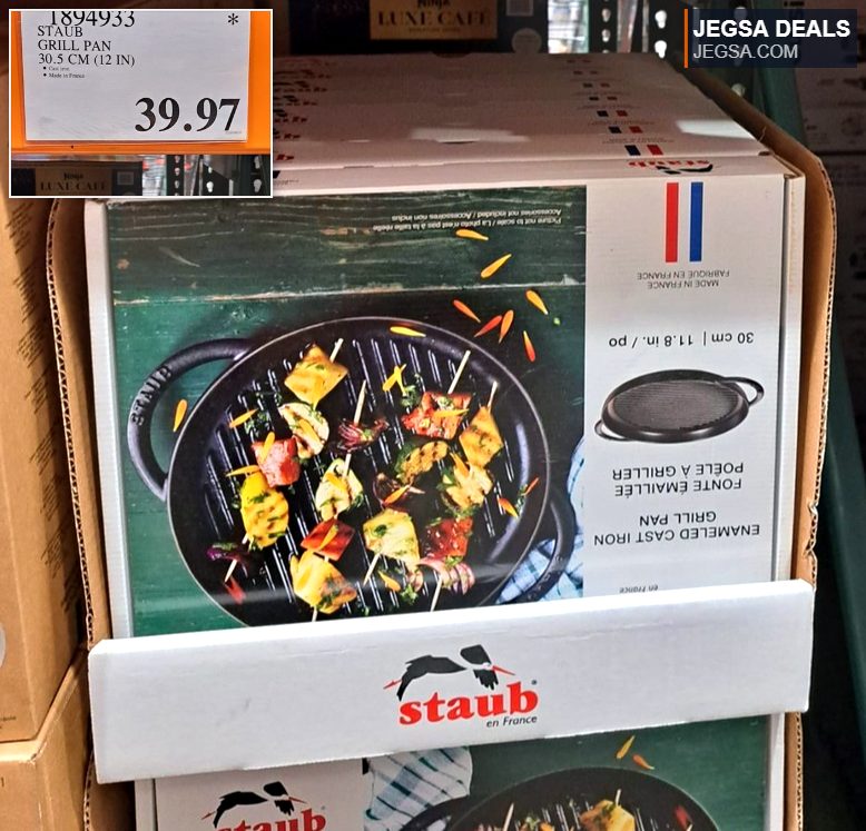 Black Staub 30.5 cm (12 in) cast iron grill pan from Costco, $39.97, ideal for indoor grilling.