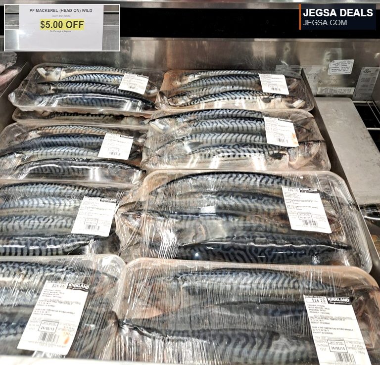 Fresh wild-caught head-on mackerel in a plastic tray from Costco, with $5 off per package.