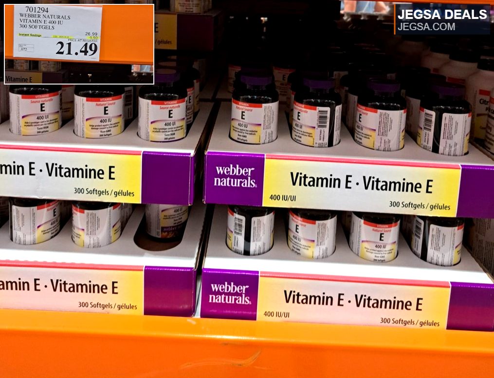 Webber Naturals Vitamin E 400 IU 300 Softgels from Costco, $21.49, for antioxidant health support.