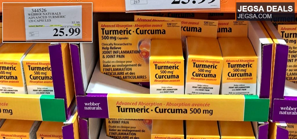 Webber Naturals Advanced Turmeric Curcuma 500 mg 120 capsules for joint pain, available at Costco for $25.99.