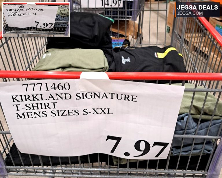 Kirkland Signature men's cotton blend t-shirts in black, olive green, and blue, available in sizes S-XXL at Costco.