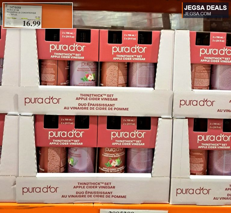 PURA D'OR Thin2Thick Apple Cider Vinegar Shampoo & Conditioner duo from Costco, priced at $16.99.
