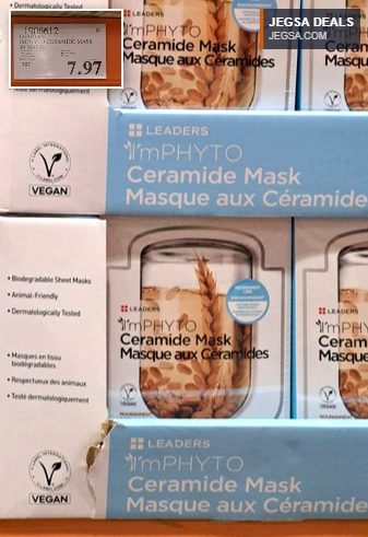 Leaders ImPhyto Ceramide Mask 10-pack from Costco, vegan and dermatologically tested for nourishing skincare.