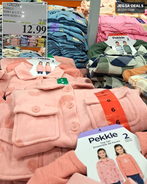 Pekkle kids' 2-piece shirt and long-sleeve tee set in various colors for sizes 4-8, found at Costco for $12.99.