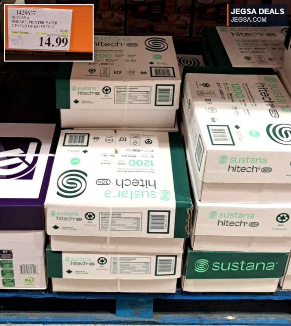Sustana hitech 96 bright 24lb printer paper, 2 packs of 600 sheets (1200 total) from Costco for $14.99.