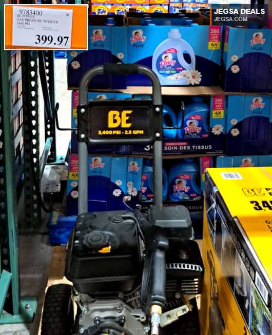 BE Power gas pressure washer with 3400 PSI and 2.5 GPM, designed for heavy-duty outdoor cleaning, available at Costco for $399.97.