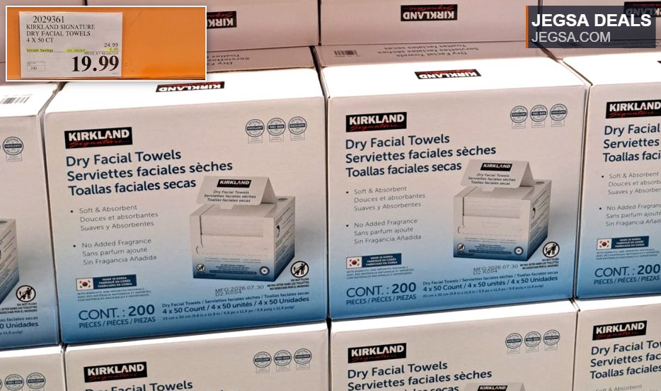Kirkland Signature Dry Facial Towels, 4x50 count, soft and absorbent, from Costco for $19.99.