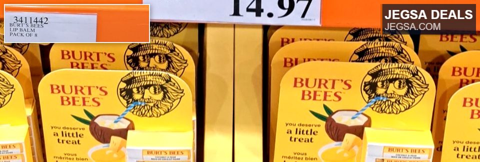 Burt's Bees lip balm 8-pack with coconut & pear flavors, displayed at Costco for $14.97, offering natural hydration.