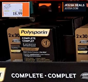 Polysporin Complete 2x30g antibiotic ointment for infection protection and pain relief at Costco, priced at $18.99.