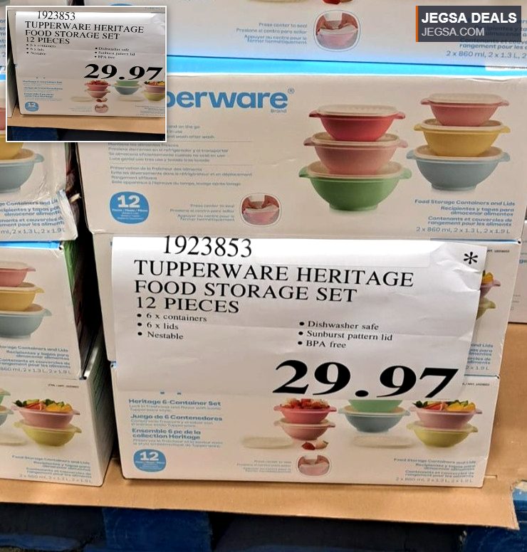Colorful Tupperware Heritage 12-piece food storage set with containers and lids, available at Costco for $29.97.