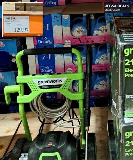 Greenworks 2100 PSI electric pressure washer, a powerful green and black cleaning tool from Costco.