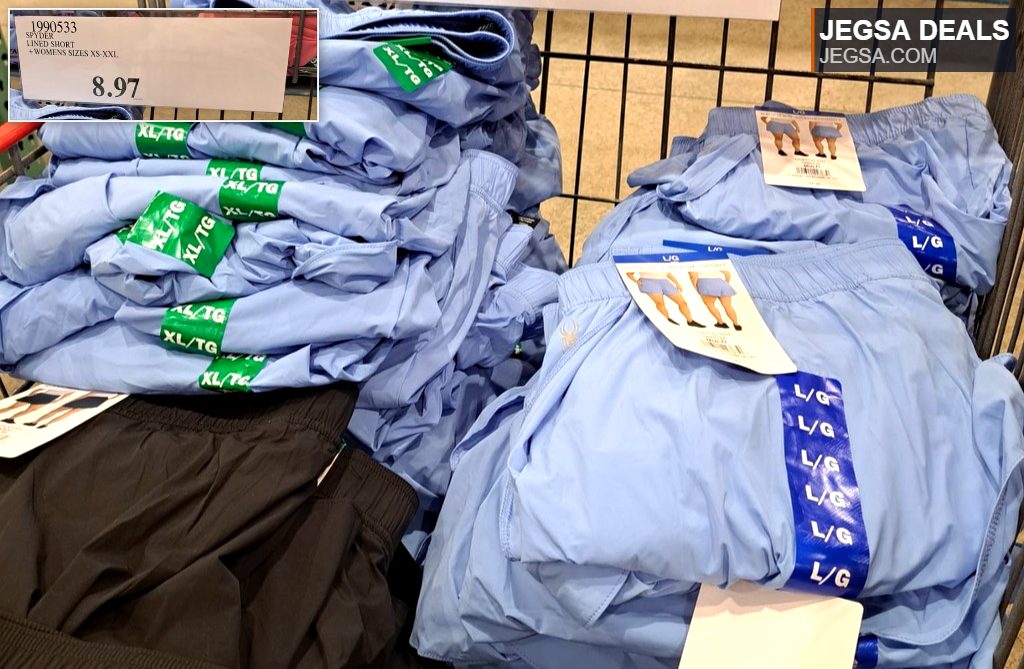 Light blue Spyder women's lined active shorts from Costco for $8.97, available in various sizes XS-XXL.