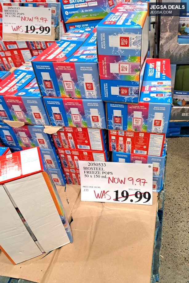 Biosteel Freeze Pops, 50 x 150 mL, in blue raspberry, rainbow twist, and white freeze flavors from Costco, now $9.97.
