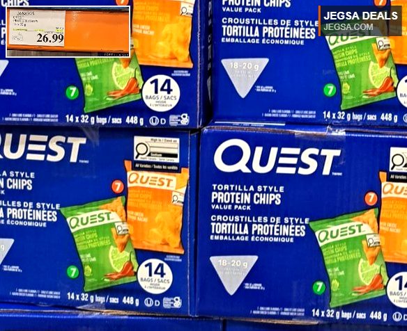 Blue box of Quest Tortilla Style Protein Chips value pack (14 x 32g) with green and orange bags, available at Costco for $26.99.
