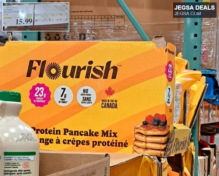 Flourish 1.5kg Protein Pancake Mix, made in Canada, with 23g protein and no added sugar, from Costco for $15.99.