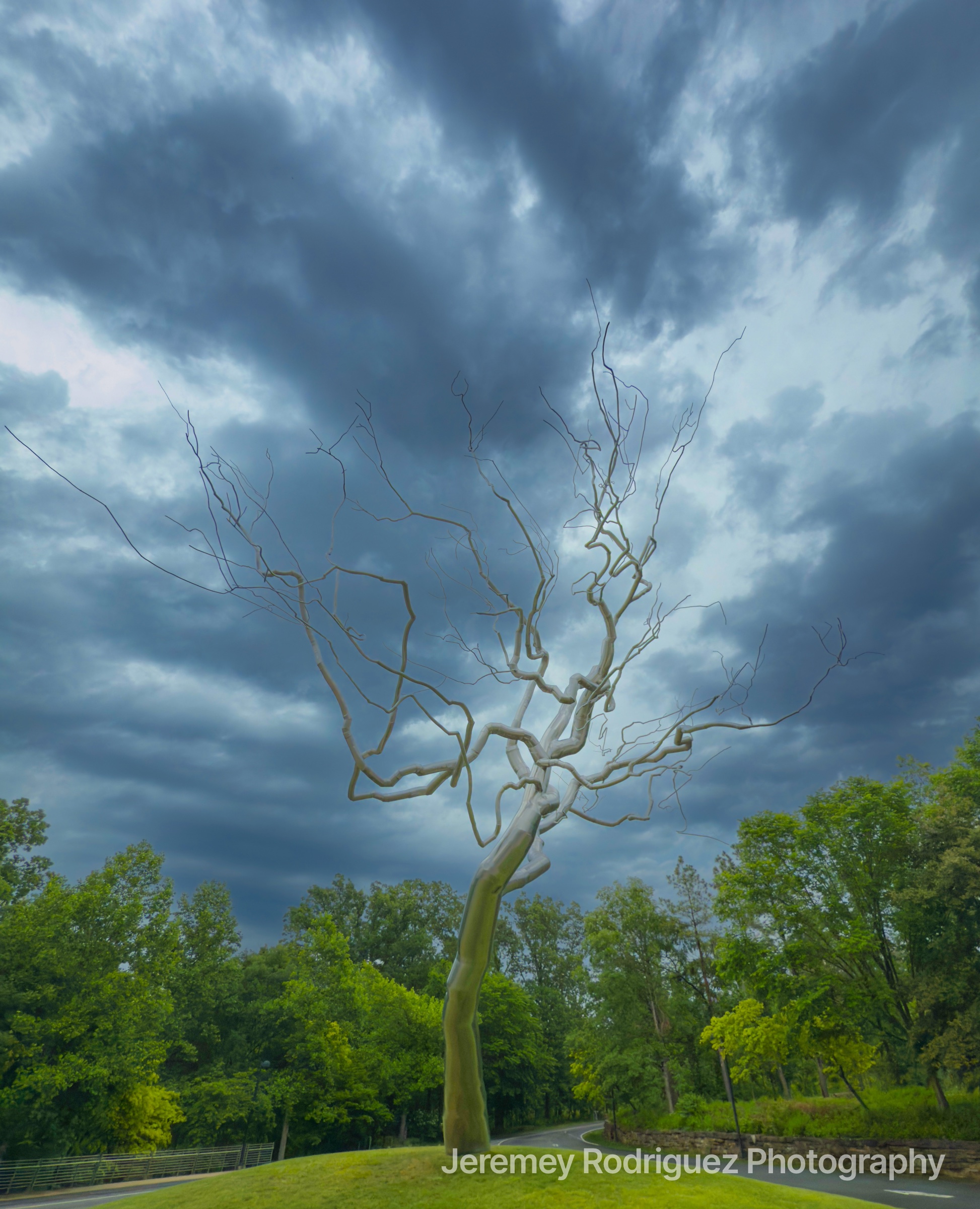 Silver Tree Sculpture Beneath Brooding Storm Clouds