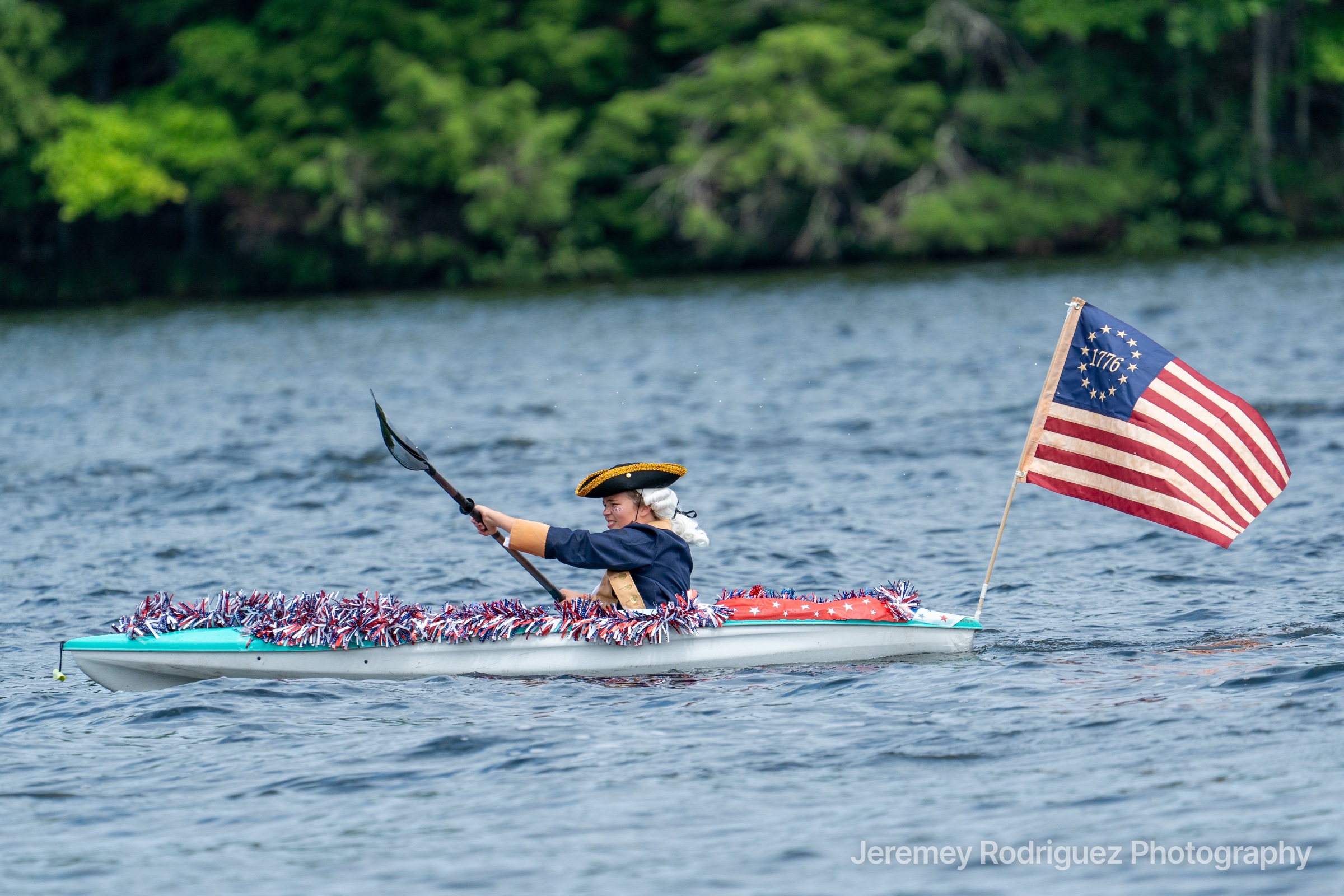 1776 Colonial Costume Kayaker With Flag on Fourth of July