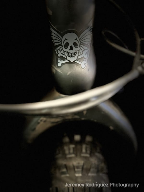 Skull Detail on Fatbike Fork at Night