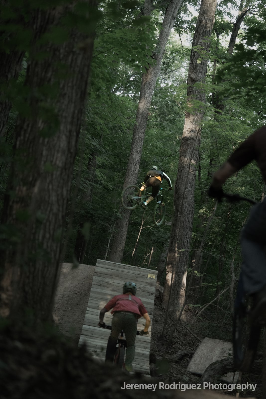 Riders Dropping a Wooden Forest Feature