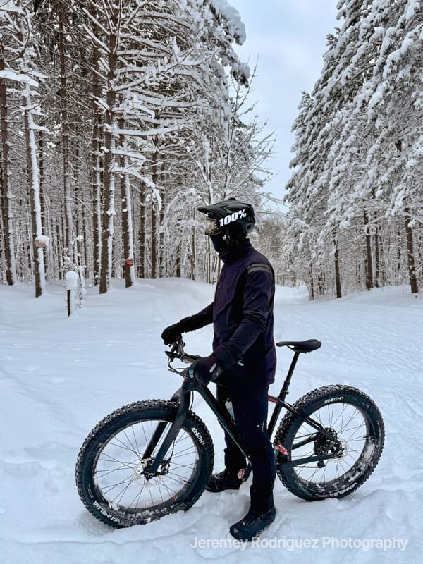 Fat Biker Paused in a Winter Pine Forest
