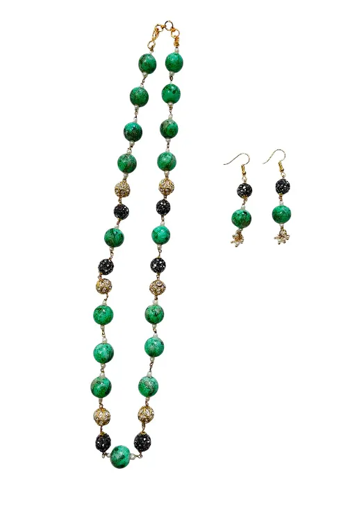 Statement Beads Mala With Earring ( Green And black with Gold )