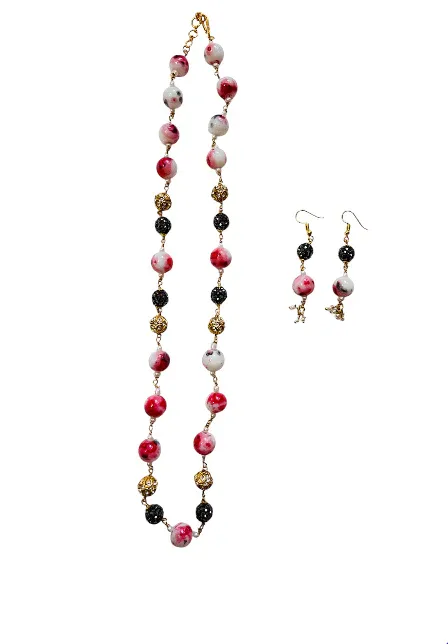 Statement Beads Mala With Earring ( Pink )