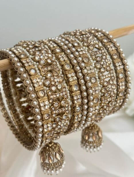Antique gold kade bangles jhumki gajre stone