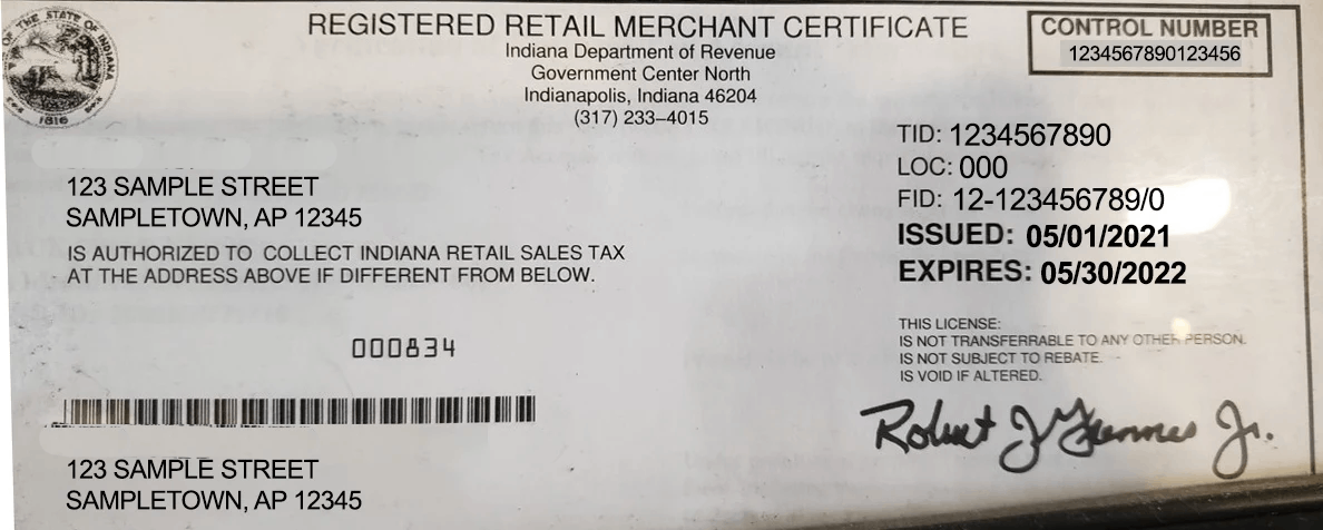 Indiana Retail Tax Permit