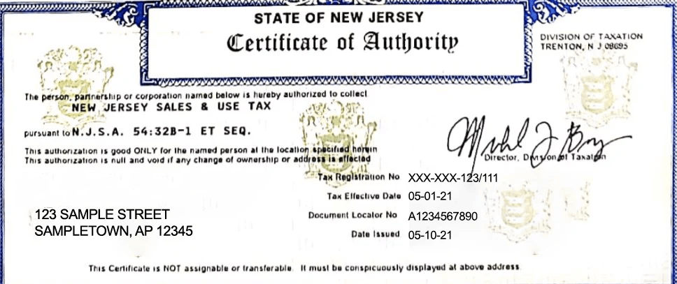 New Jersey Sales and Use Permit