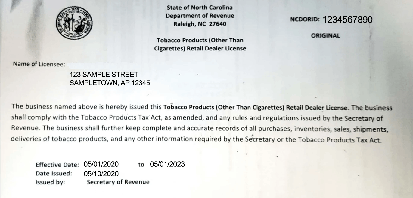 North Carolina Tobacco License